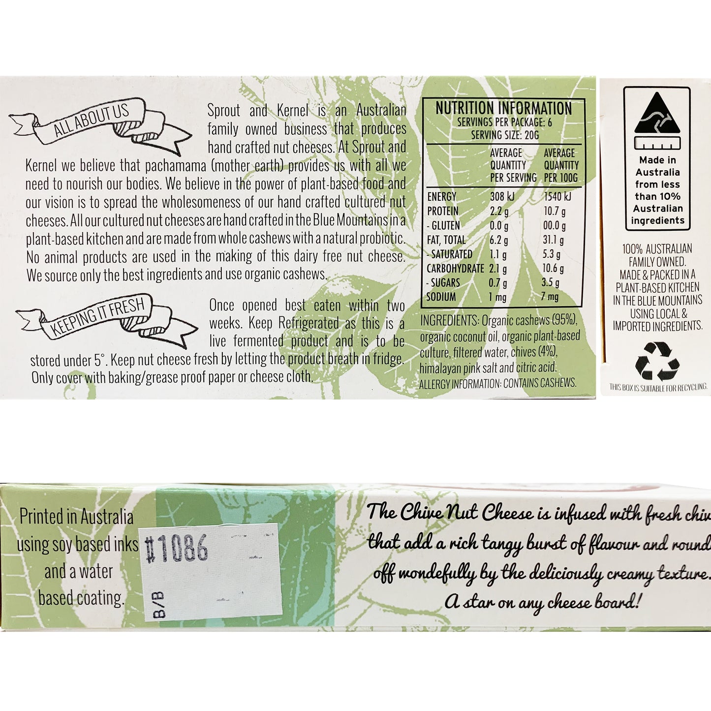 Sprout and Kernel Tree Nut Cheese Chive Cultured Cashew Cheese 120g