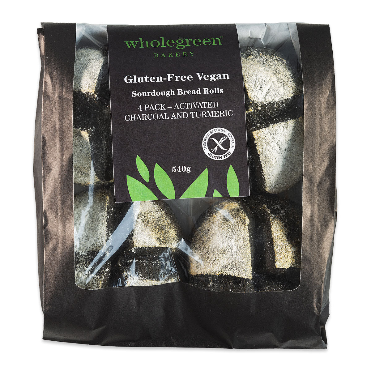 Wholegreen Bakery Gluten Free Vegan Activated Charcoal and Turmeric Sourdough Roll 4x135g | Harris Farm Online