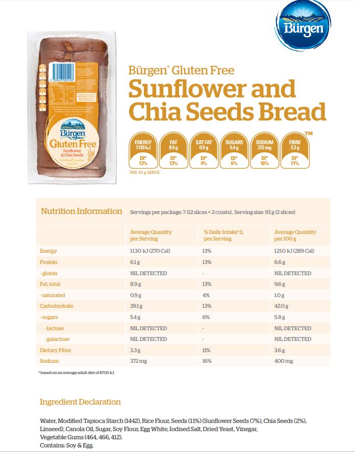 Burgen Gluten Free Sunflower and Chia Seeds 500g