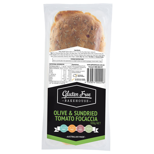 Gluten Free Bakehouse Olive and Sundried Tomato Focaccia Loaf 300g