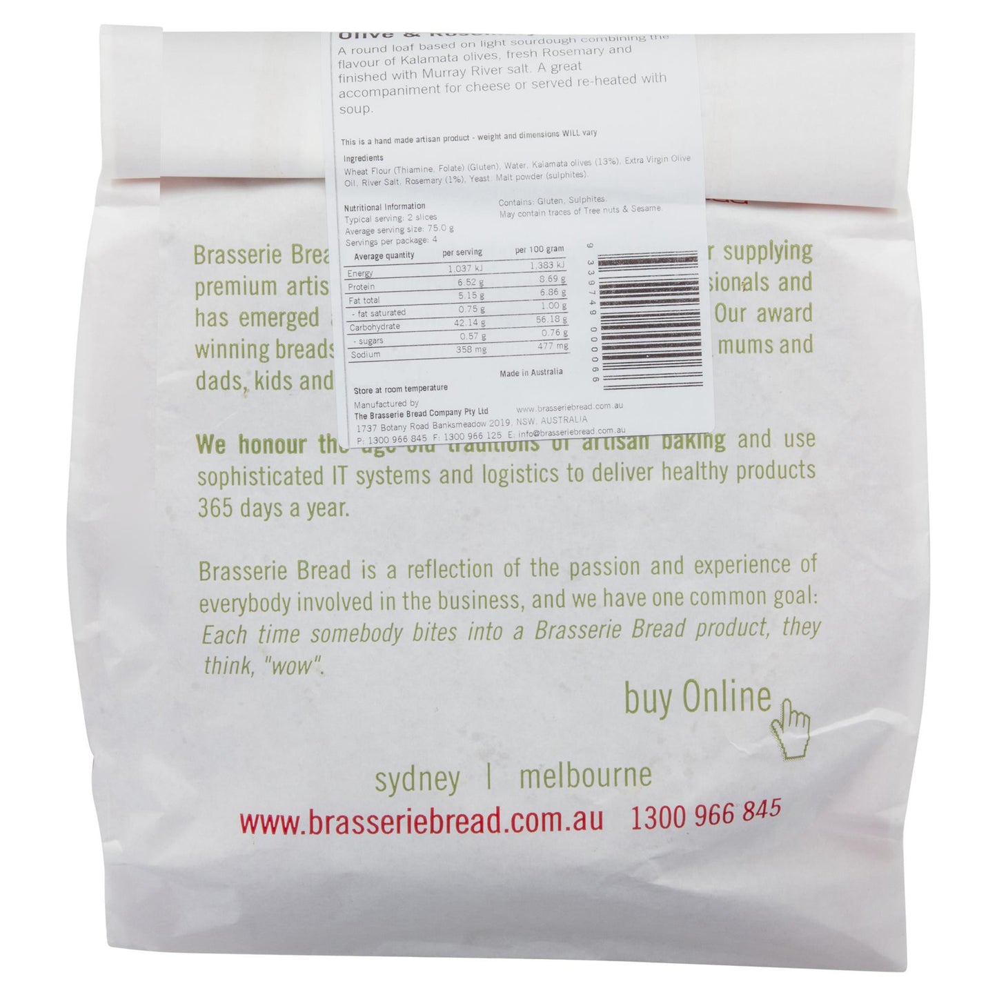 Brasserie Bread 360g , Z-Bakery - HFM, Harris Farm Markets
 - 2