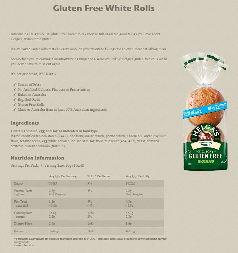 Helga's Gluten Free White Rolls x4 320g