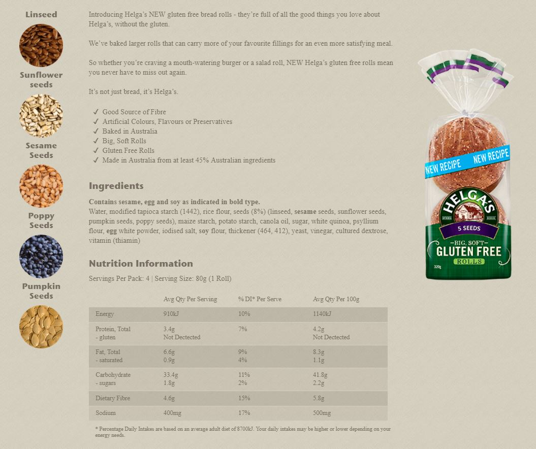 Helga's Gluten Free 5 Seeds Rolls x4 320g