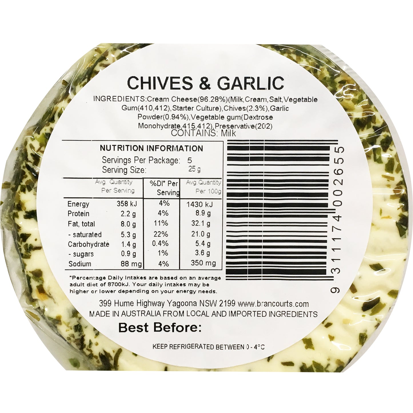 Flavoured Cream Cheese - Garlic & Chives (125g) Brancourts
