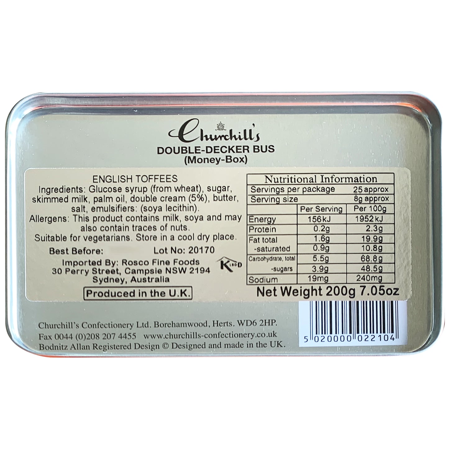 Churchill's Double Decker Bus English Cream Toffees Money Box | Harris Farm Online