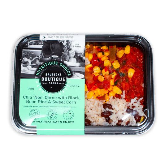 Brubecks Boutique Foods Chili Non Carne with Black Bean Rice Sweet Corn Salsa 350g | Harris Farm Online