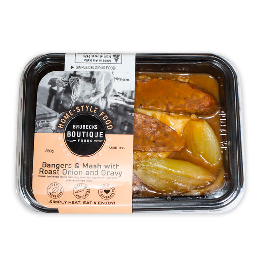 Brubecks Boutique Foods Bangers, Mash with Roast Onion and Gravy 350g | Harris Farm Online