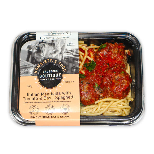 Brubecks Boutique Foods Italian Meatballs with Tomato and Basil Spaghetti 350g | Harris Farm Online