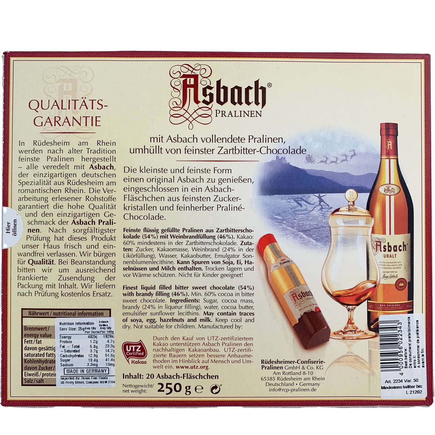 Asbach Bitter Sweet Chocolate Bottles filled with Brandy Gift Box | Harris Farm Online