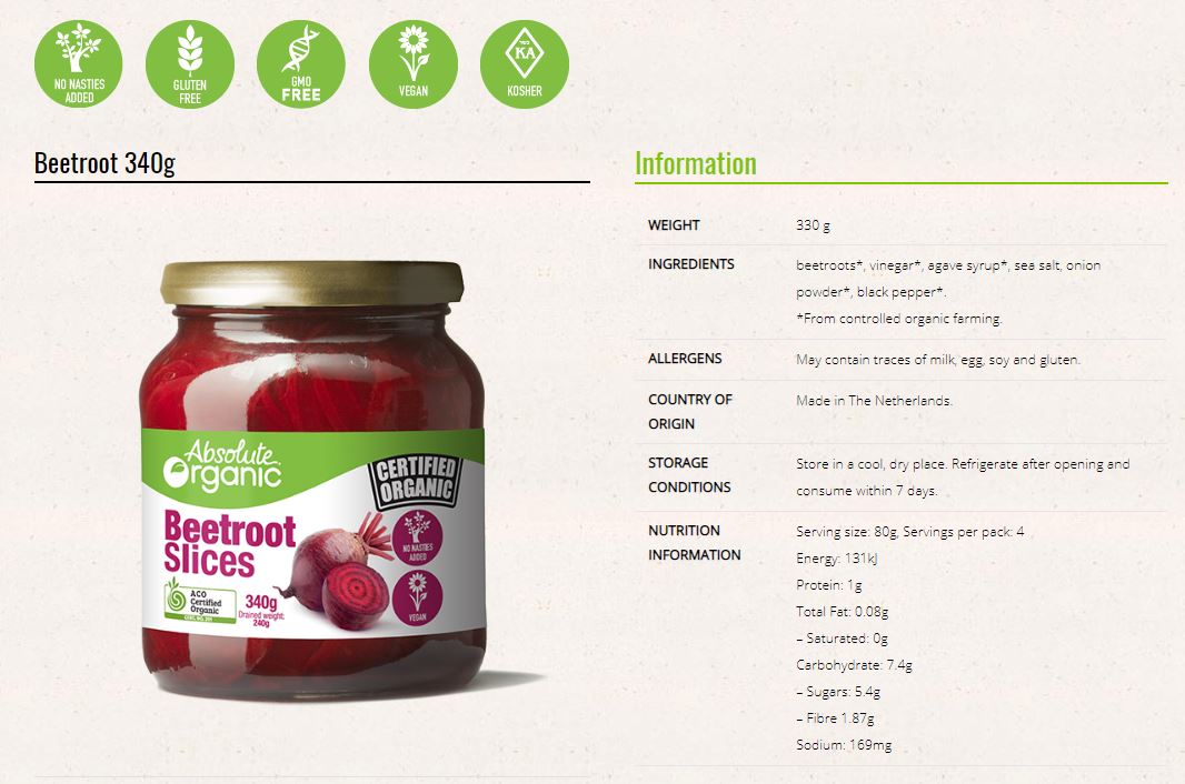 Absolute Organic Beetroot Slices 340g