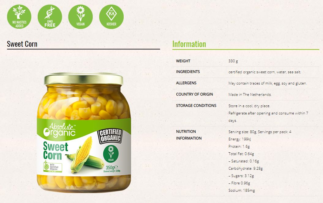 Absolute Organic Sweet Corn 350g