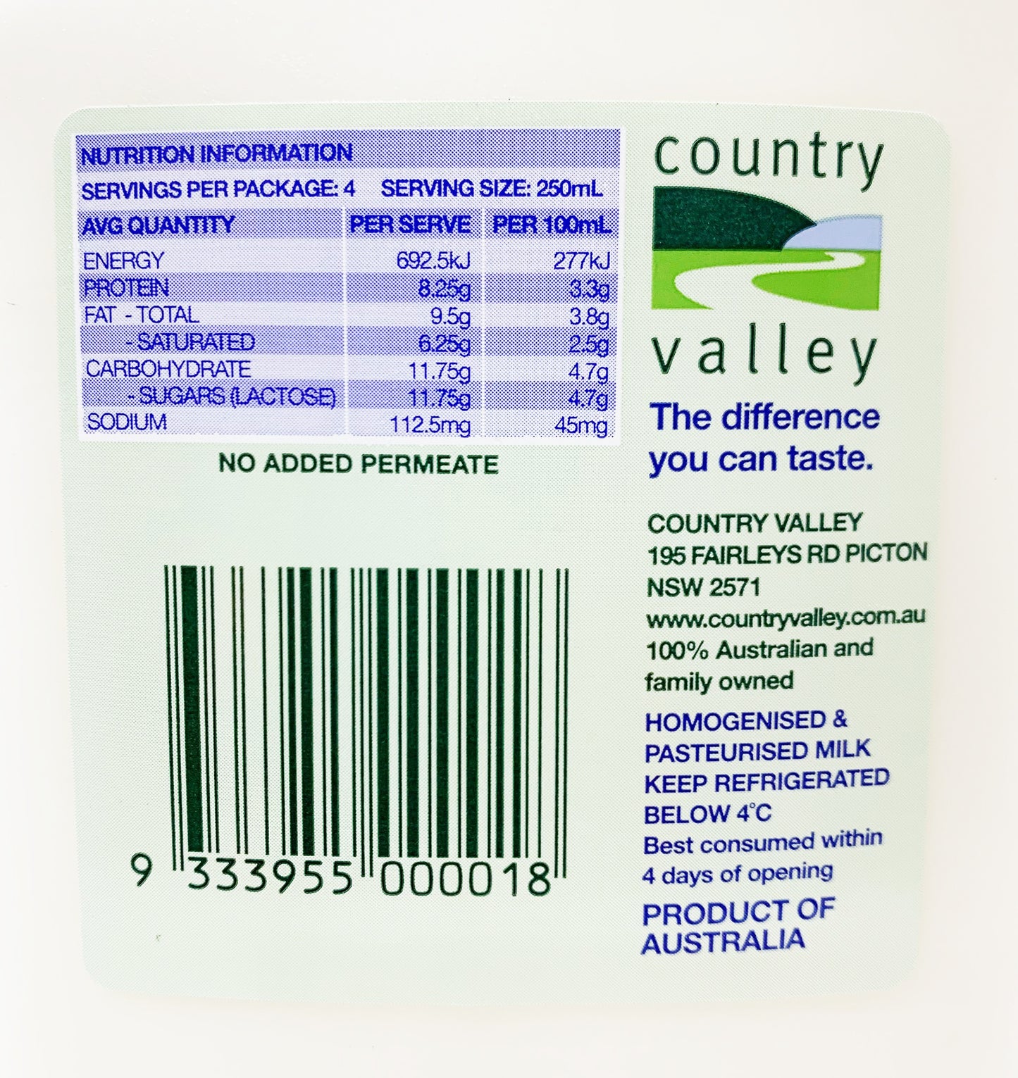 Country Valley Full Cream Milk 1L