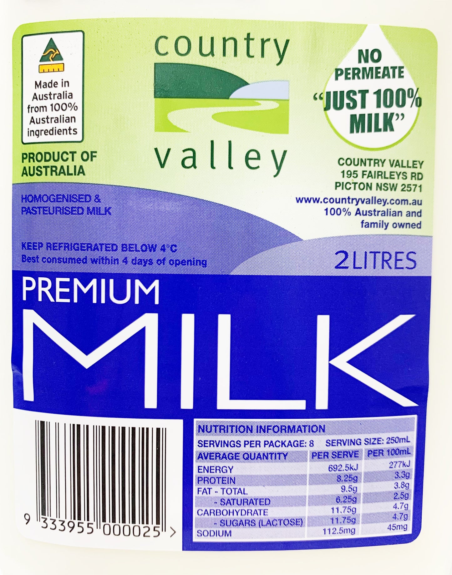 Country Valley Full Cream Milk 2L