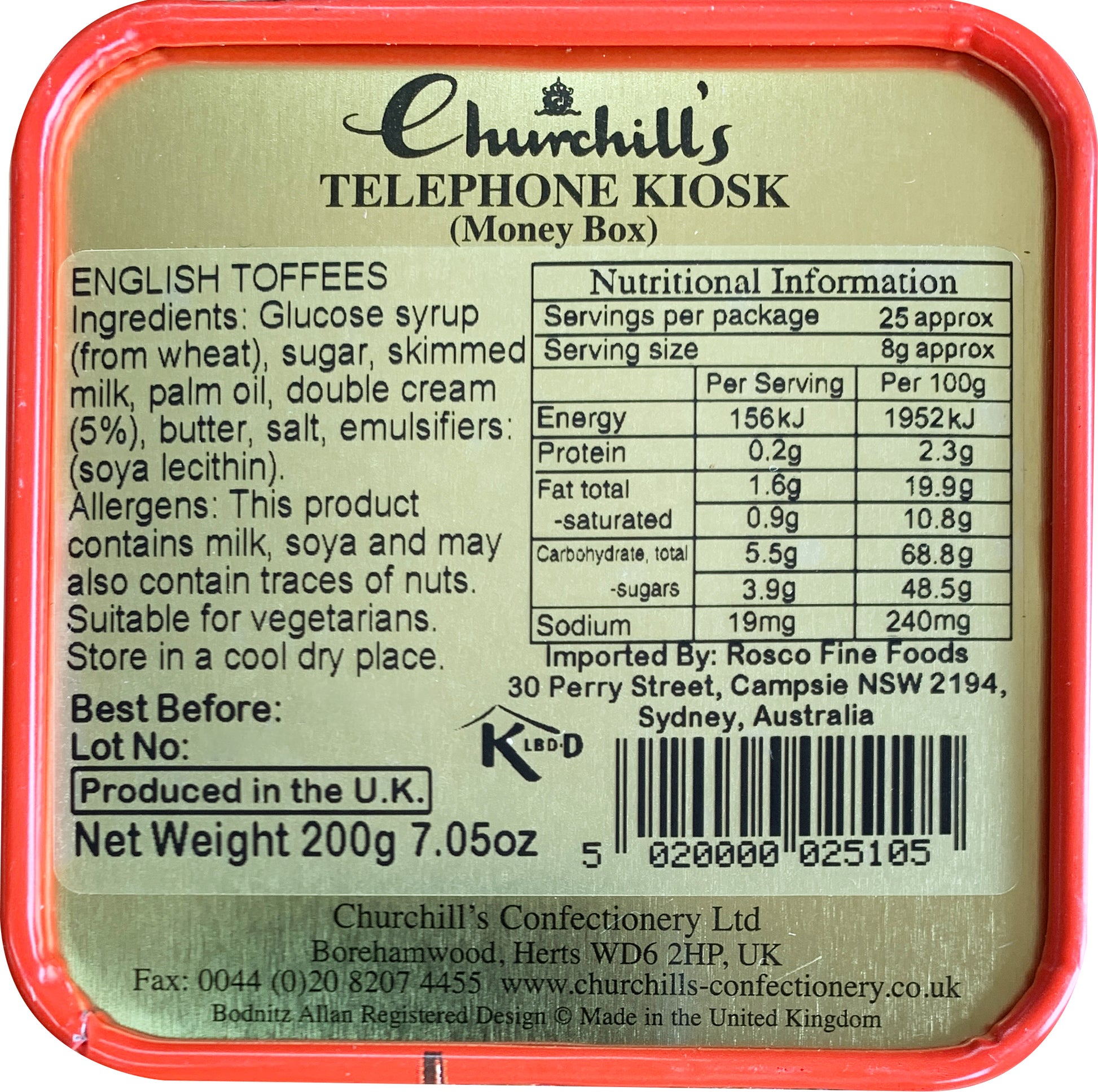 Churchill's Telephone Kiosk English Cream Toffees Money Box | Harris Farm Online