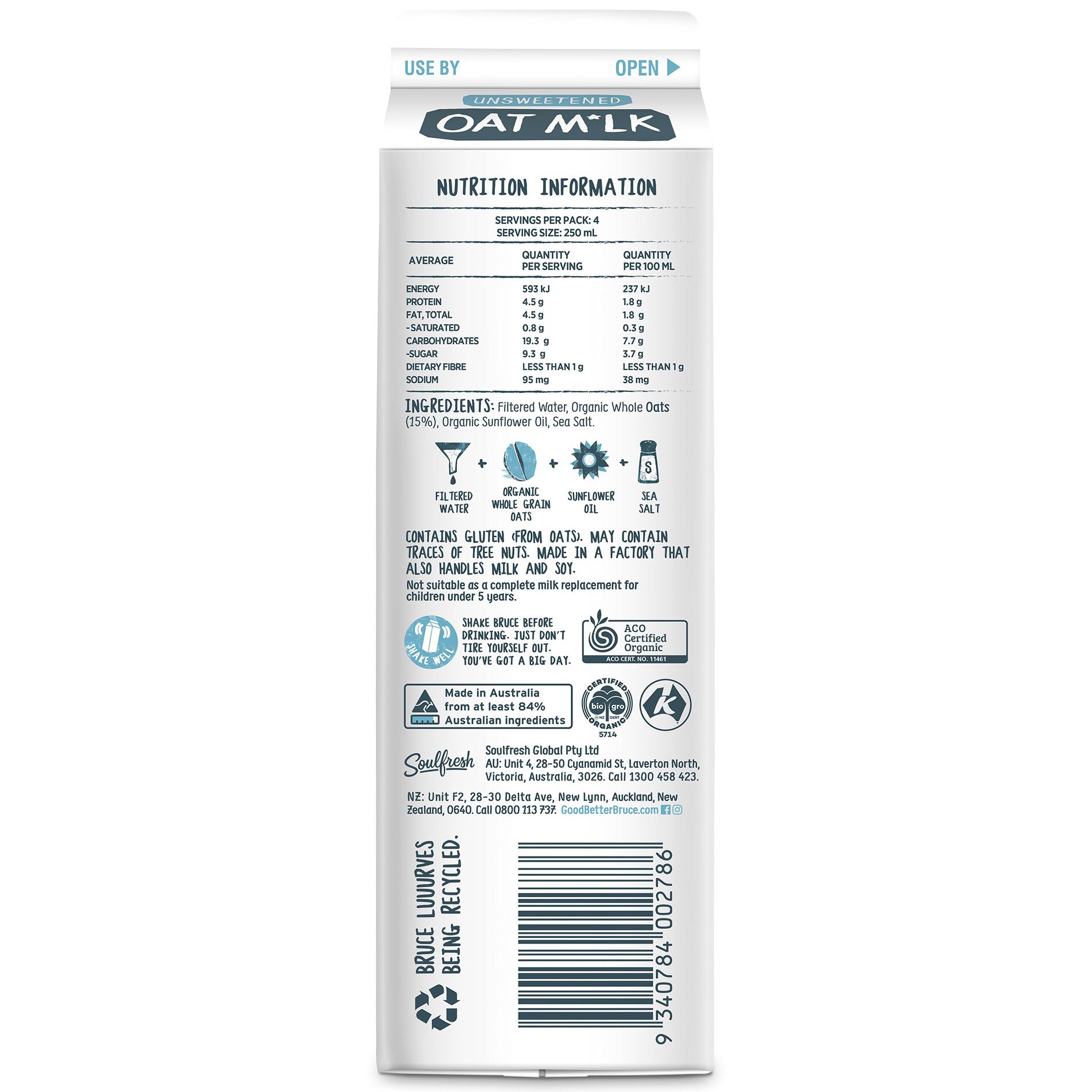 Oaty Bruce Organic Unsweetened Oat Milk 1L | Harris Farm Online