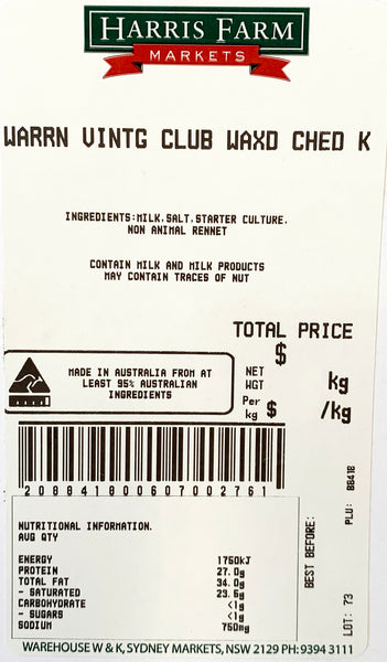 Warrnambool Vintage Club Waxed Cheddar |  Harris Farm Online