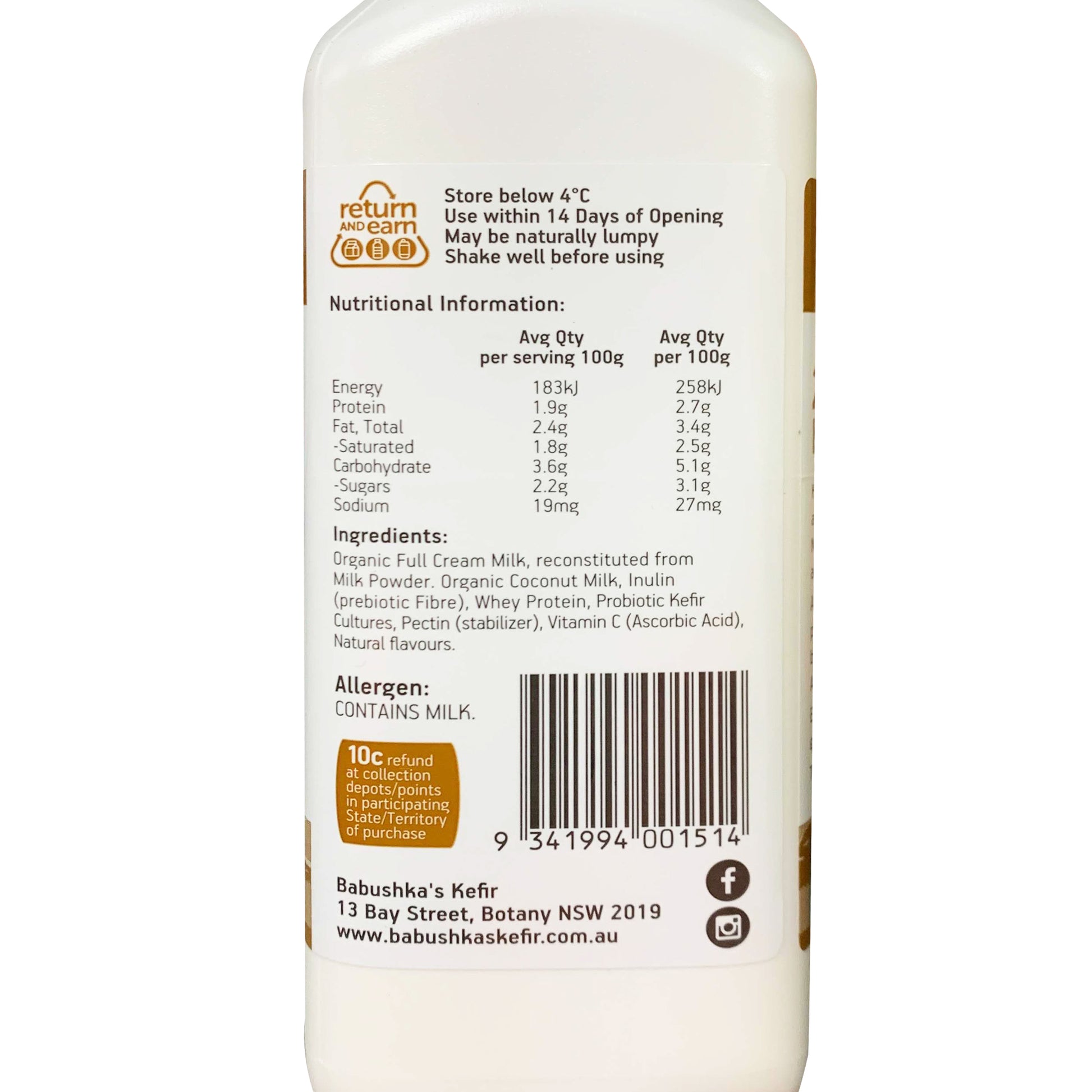 Babushka Organic Yoghurt Probiotic Kefir Coconut | Harris Farm Online
