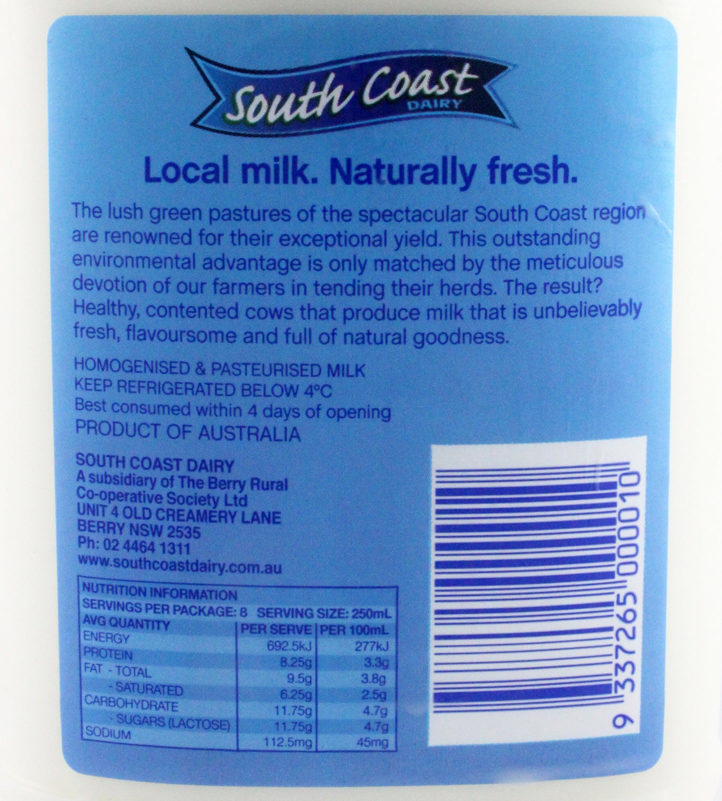 South Coast Dairy Full Cream Milk 2L