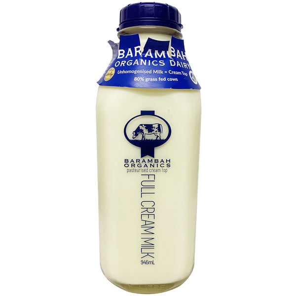 Barambah Organics Unhomogenised Cream Top Glass Bottle Milk Full Cream 946ml