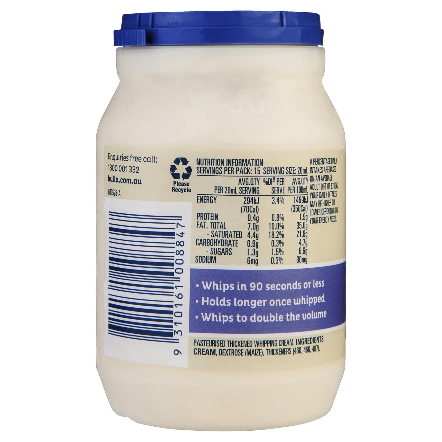 Bulla Cream Whipping 300ml , Frdg2-Dairy - HFM, Harris Farm Markets
 - 2