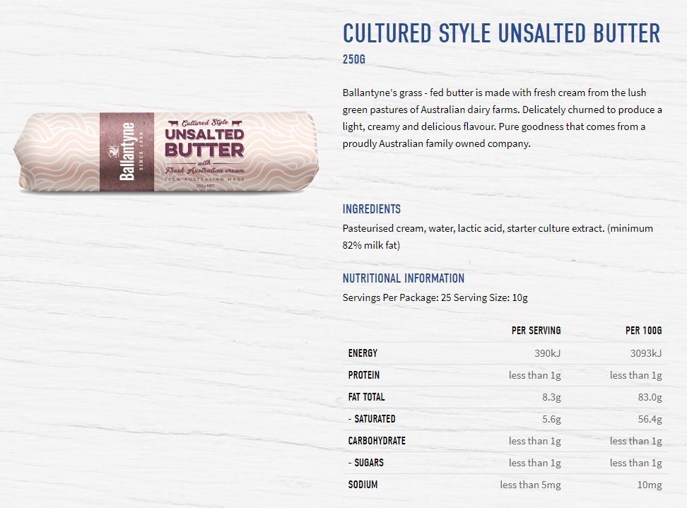 Ballantyne Unsalted Butter Cultured Style 250g