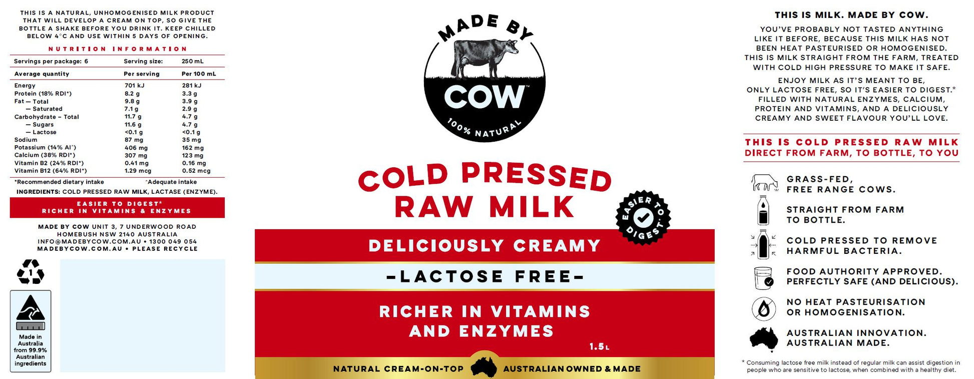 Made by Cow Cold Pressed Lactose Free Milk | Harris Farm Online