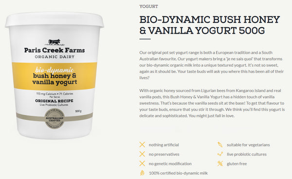 Paris Creek Farms Bio Dynamic Organic Bush Honey and Vanilla Yoghurt | Harris Farm Online