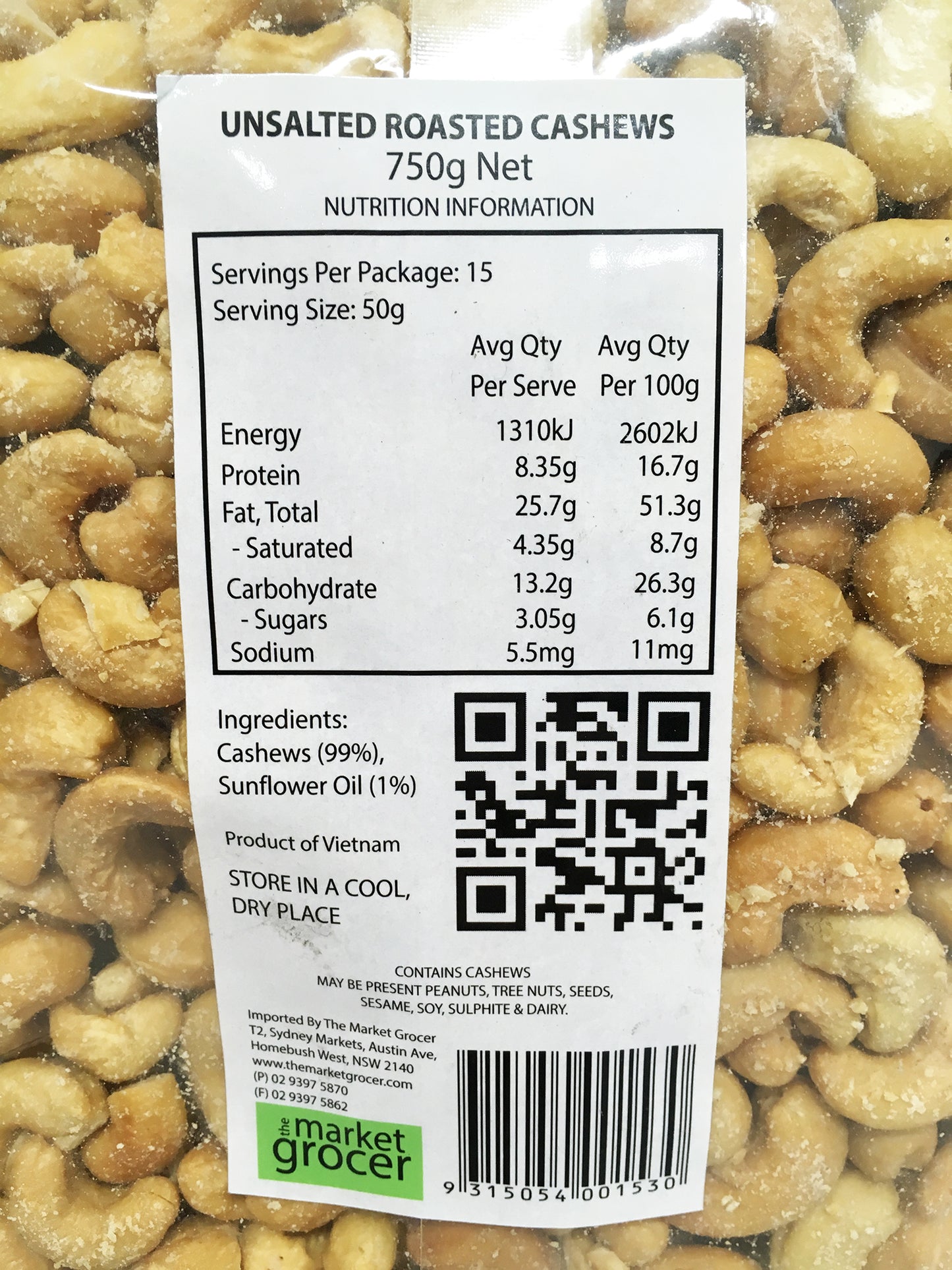 The Market Grocer - Cashews - Unsalted & Roasted (750g)
