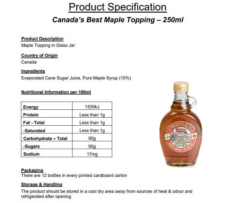 Canadas Best Maple Syrup 100% Pure 250ml