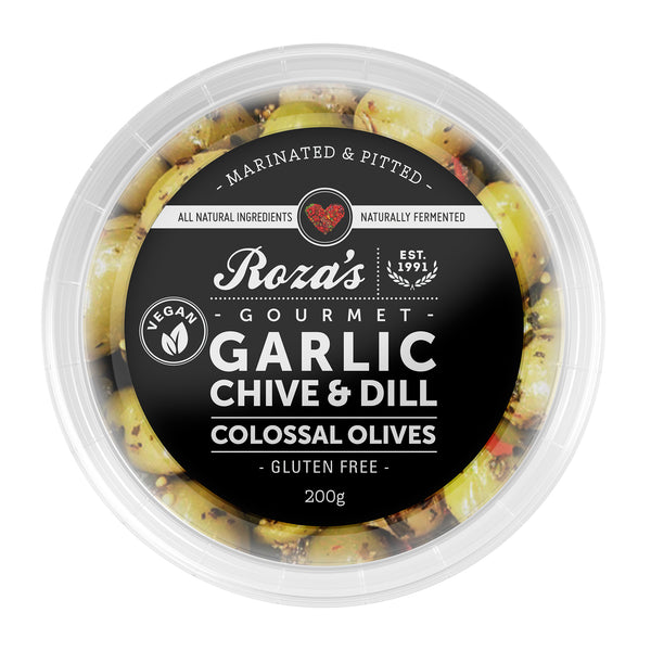Roza's Gourmet - Colossal Olives - Garlic Chive & Dill | Harris Farm Online