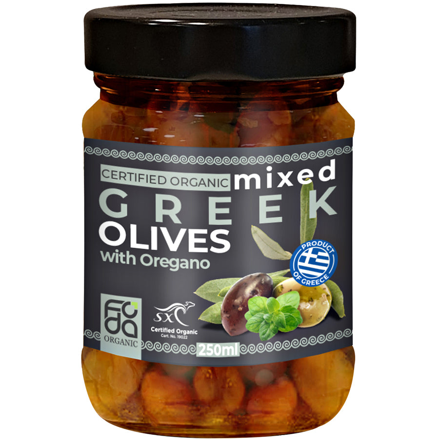 Foda Organic Mixed Greek Olives with Oregano | Harris Farm Online