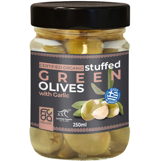 Foda Organic Stuffed Green Olives with Garlic | Harris Farm Online