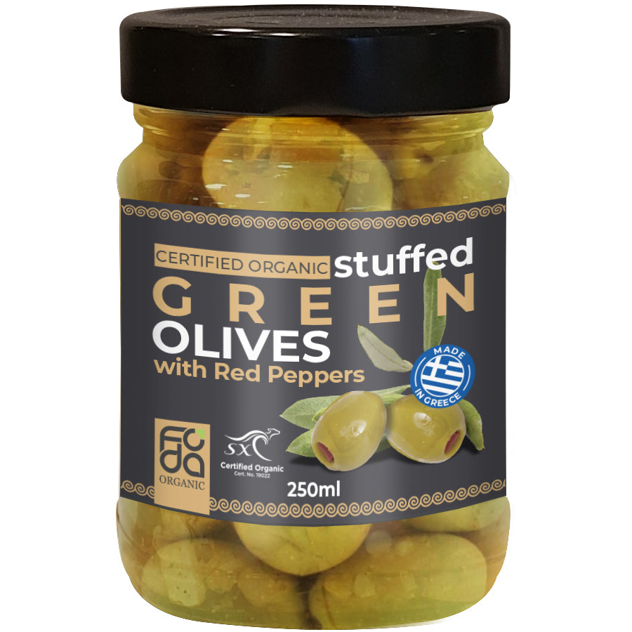 Foda Organic Stuffed Green Olives with Red Peppers | Harris Farm Online