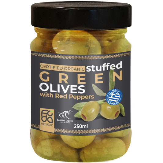 Foda Organic Stuffed Green Olives with Red Peppers | Harris Farm Online
