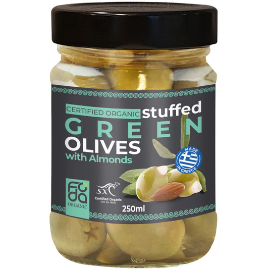 Foda Organic Stuffed Green Olives with Almonds | Harris Farm Online