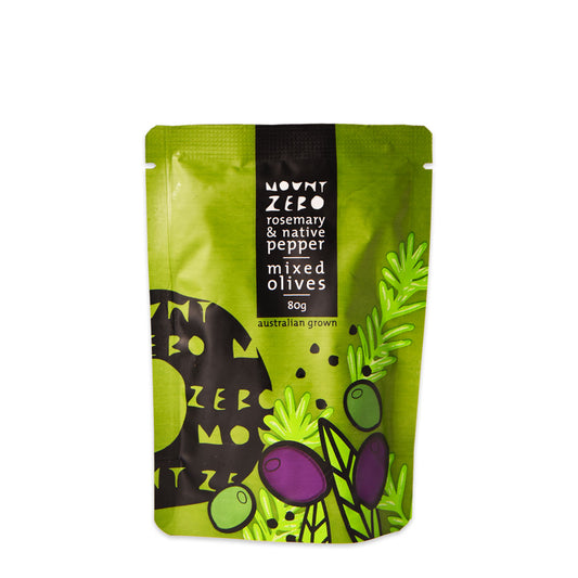 Mount Zero Olives Pepperberry and Rosemary Marinated Mixed Olives 80g | Harris Farm Online