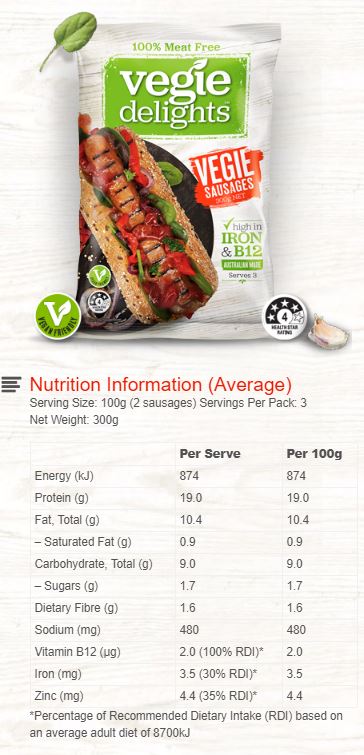 Vegie Delights - Vegie Sausages - 100% Meat Free (300g)