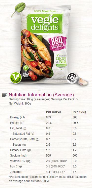 Vegie Delights - BBQ Sausages - 100% Meat Free (300g)