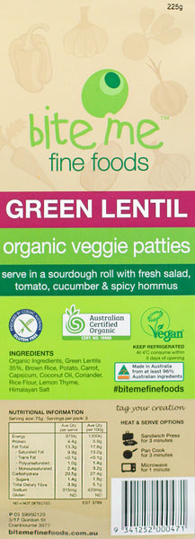 Bite Me Fine Foods Organic Veggie Patties Green Lentil 225g
