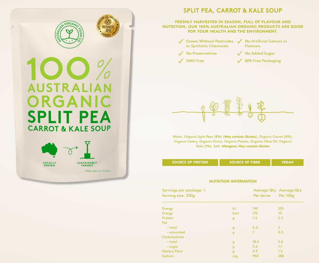 Australian Organic Food Co Split Pea, Carrot and Kale Organic Soup 330g