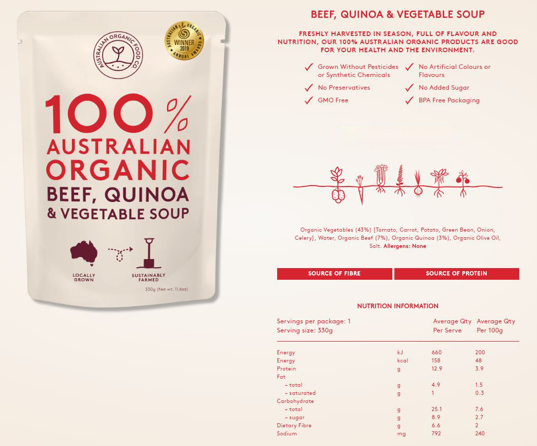 Australian Organic Food Co Beef, Quinoa and Vegetable Organic Soup 330g