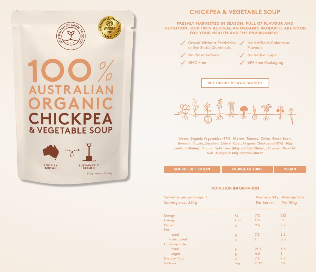 Australian Organic Food Co Chickpea and Vegetable Organic Soup 330g