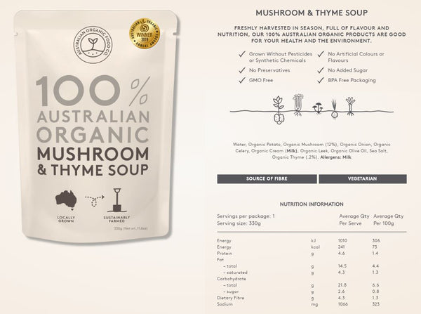 Australian Organic Food Co Mushroom and Thyme Organic Soup 330g