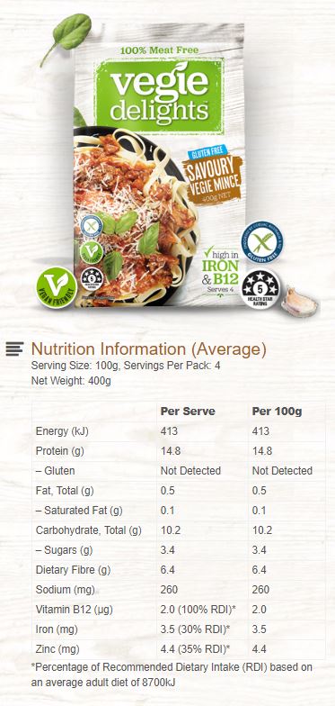 Vegie Delights - Savoury Vegie Mince - 100% Meat Free (400g)