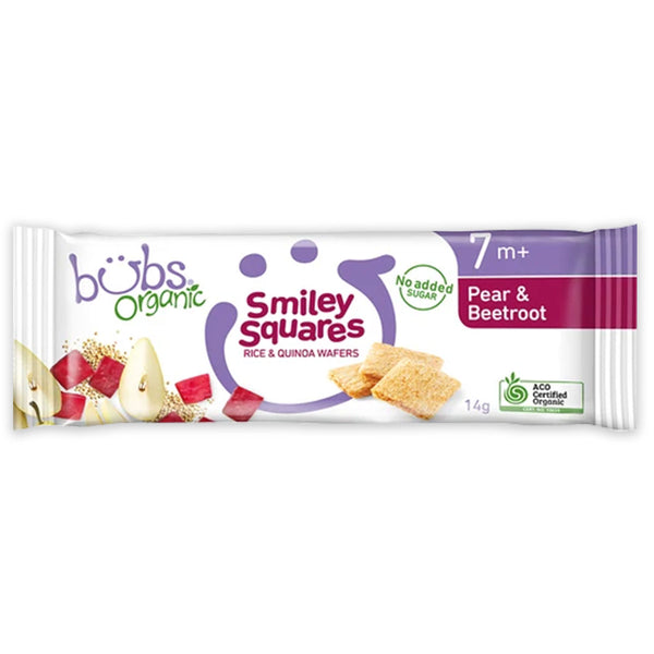 Bubs Australia Organic Pear Beetroot Smiley Squares 14g | Harris Farm Online