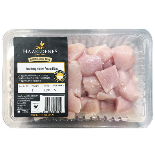 Shortdate Hazeldenes Free Range Diced Breast Fillet 500g