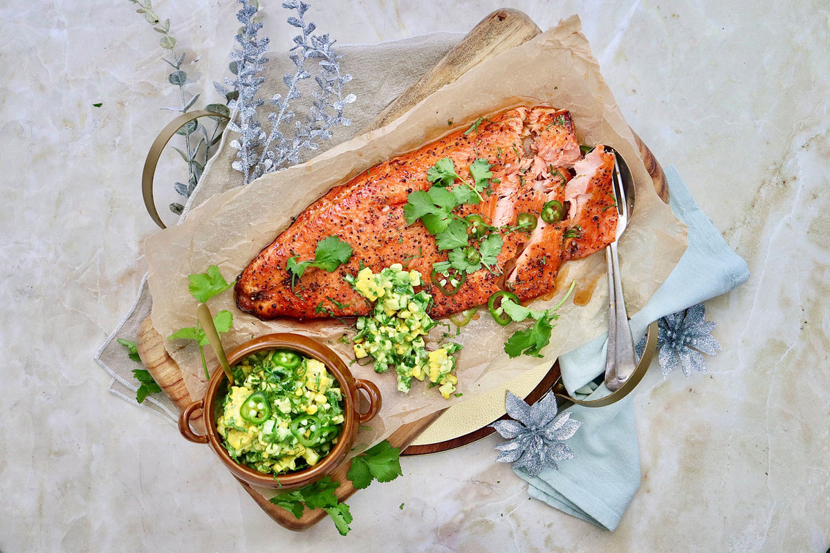 Agave and Lime Sticky Baked Ocean Trout - with Corn and Avocado Salsa | Harris Farm Online