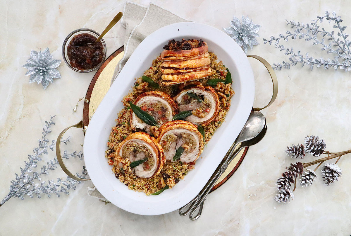Christmas Stuffed Pork Belly - with Couscous, Chorizo and Sage | Harris Farm Online