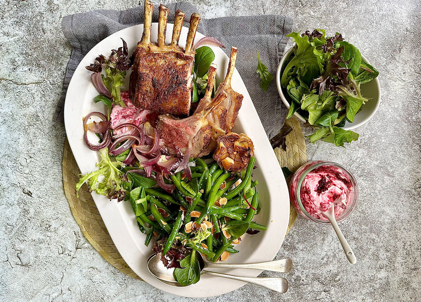 Mediterranean Lamb Rack - with Beetroot Tzatziki & Green Beans