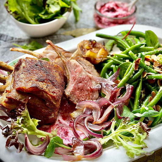 Mediterranean Lamb Rack - with Beetroot Tzatziki & Green Beans